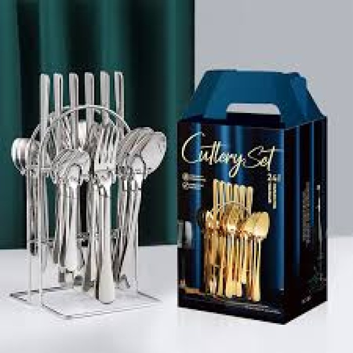 24 Pcs Silver  Stainless Steel Cutlery Set  with rack